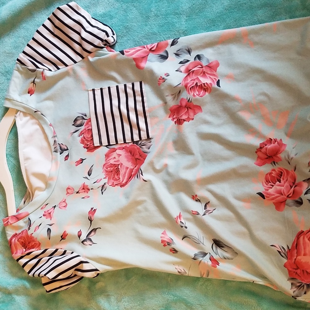Floral and Striped Top with Pocket